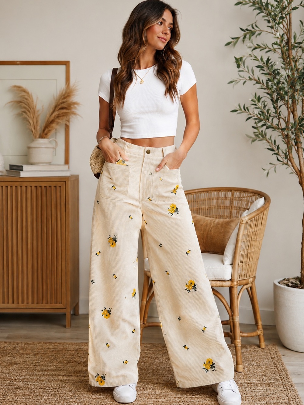 SHEIN Cream Wide Leg Floral Embroidered Pants